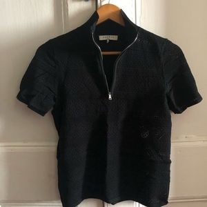 Sandro Black Half Zip See Through Open Knit Knitwear Short Sleeve Top